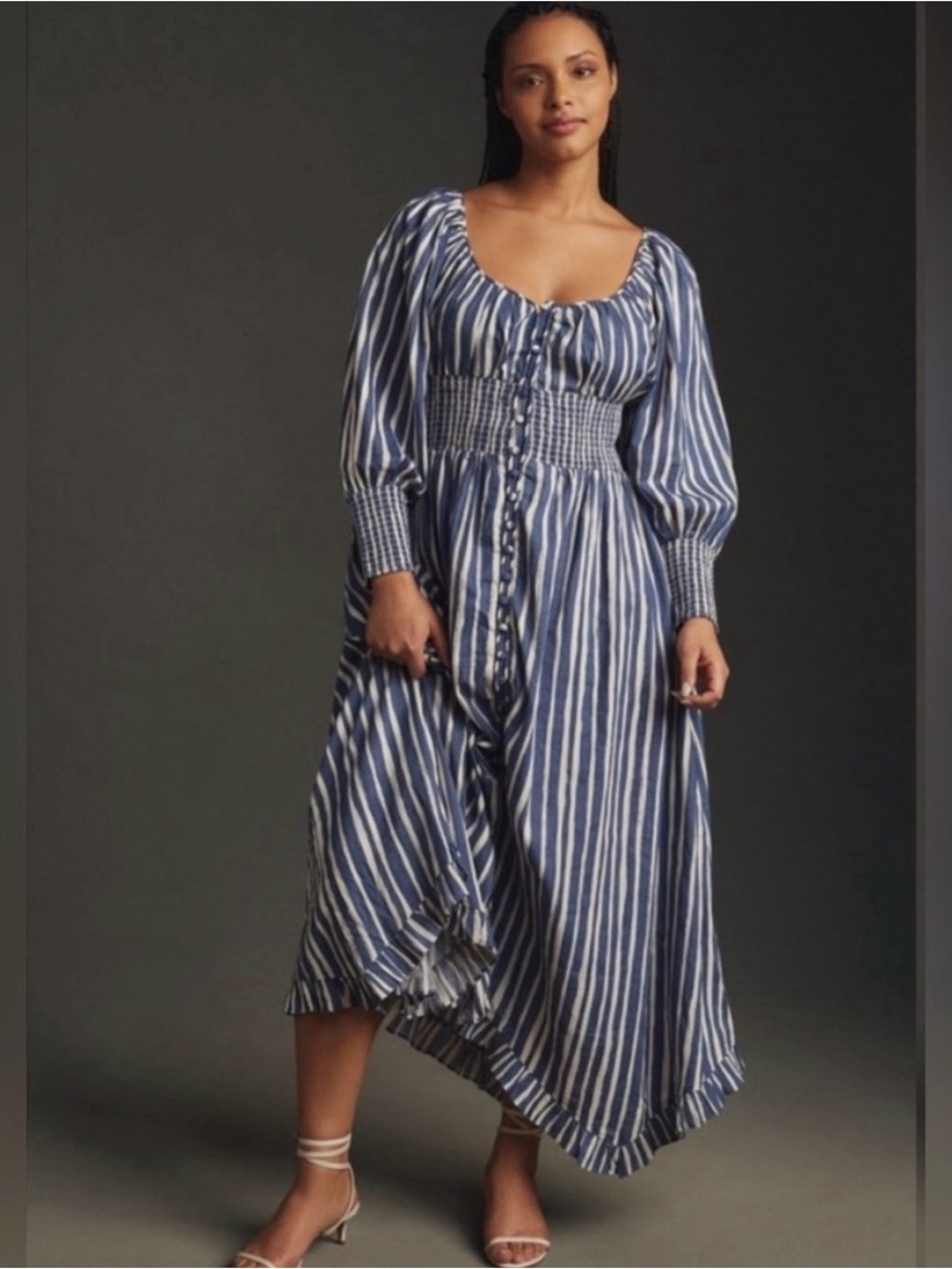 Anthropologie 1X Striped Long-Sleeve Sweetheart Button Front Peasant Dress NWT